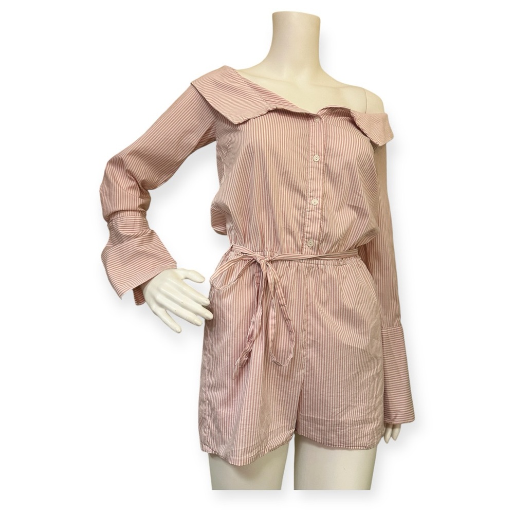 Romeo & Juliet Couture Pink White Striped Off Shoulder Romper